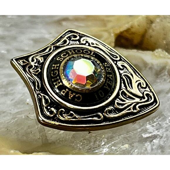 CAP HIGH SCHOOL Pin 10 Year Anniversary Faceted Stone Brooch Sheild Scroll Pin - Picture 6 of 7